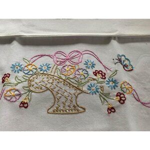 Vintage Hand-Embroidered Floral Basket Cream Cotton Pillowcases Set 2